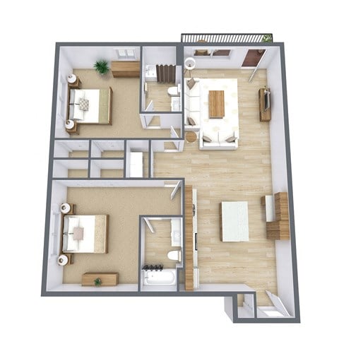 Floor plan for 2 beds, 2 baths, 1235 sqft